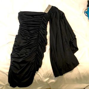 One sleeve classy black dress with rhinestones